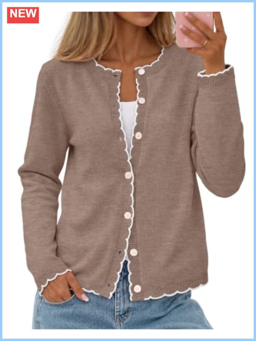 Womens Open Front Button Up Cardigan Scalloped Trim Crewneck Knit Sweater